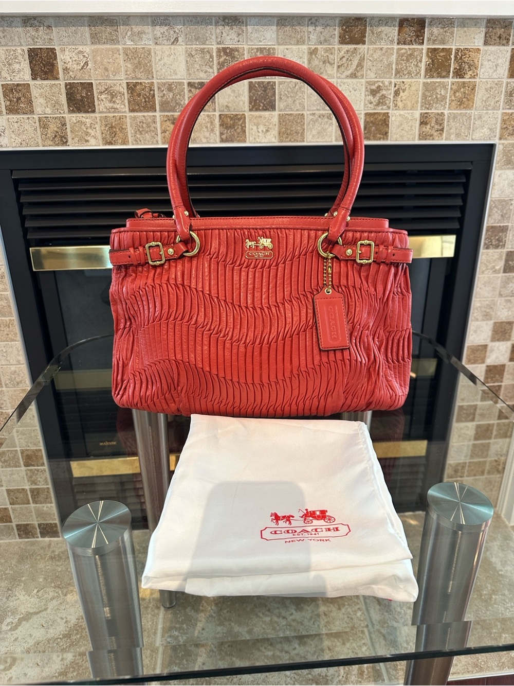 Coach Red Textured Leather Tote with Gold Hardware